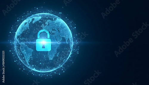 Digital padlock icon on a glowing abstract globe representing global cybersecurity and data protection perfect for technology and network concepts