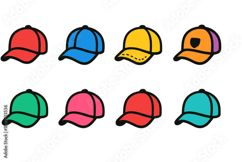 Baseball cap flat icon set. Sports, headwear colorful caps collection.