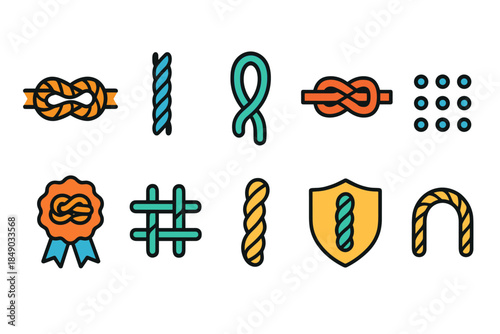Knots, ropes flat icon set. Sailing, climbing, nautical icons collection