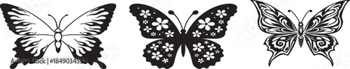 Three detailed black and white illustrations of butterflies with floral patterns