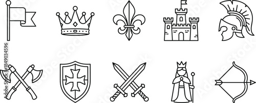 Black and white linear vector icon set featuring medieval symbols including a crown, castle, knight helmet, swords, and shield.