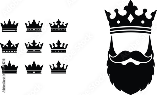 Black silhouette collection featuring nine unique royal crown icons and a bearded man head with a large ornate crown.