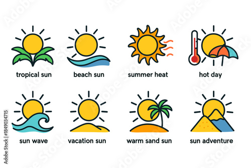 Summer sun flat icon set: tropical, beach, vacation, heat, adventure icons collection
