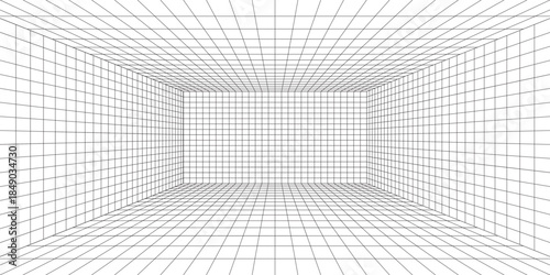 Abstract wireframe room background, futuristic design. Simple futuristic grid room desktop wallpaper background. Simple grid background with minimal room. Simple futuristic small line backdrop.