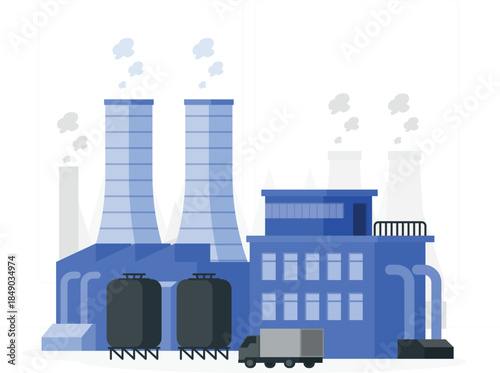 Blue industrial factory with smokestacks and truck