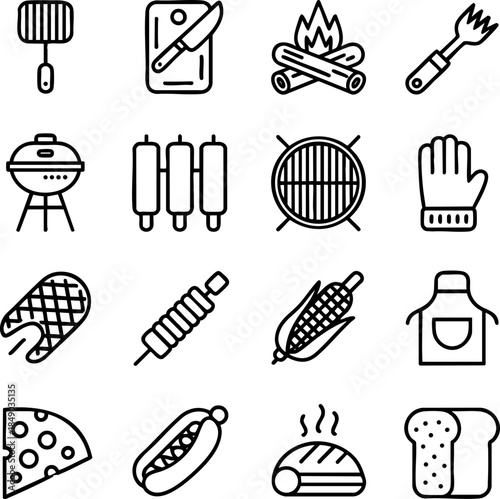 Grilling & Barbecue Icons Collection – Outdoor Cooking, Food, Tools, Meat, Sausage, Bread, Culinary Fun