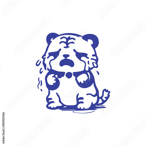 A blue, cartoon-style tiger cub cries, tears streaming, on a white background