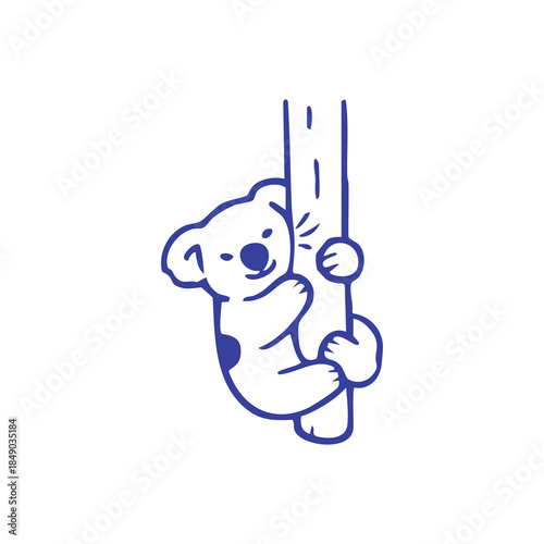A blue line drawing of a koala clutching a tree trunk