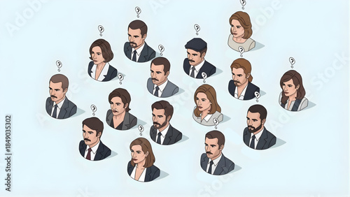 An Isometric Group of Business People with Question Marks Above Their Heads, Illustrating Confusion or Uncertainty in a Corporate Setting