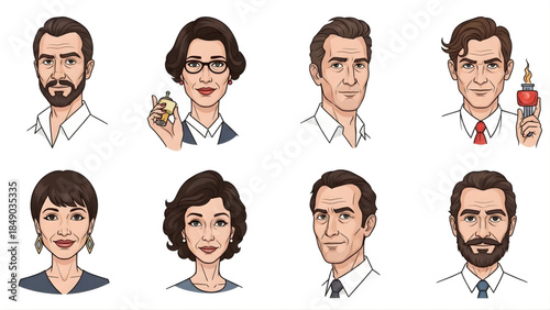 A versatile concept collection of diverse illustrated character portraits featuring various adult male and female faces, suitable for avatar and profile designs