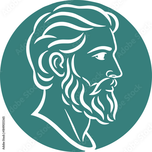 Green circular emblem featuring a white line art profile of a bearded man with wavy hair in a classic Greek or Roman style.