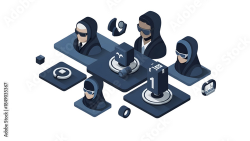 Isometric illustration of a diverse team collaborating on a strategic business project with digital elements