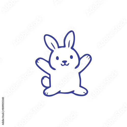 A simple blue outlined, friendly bunny with raised arms