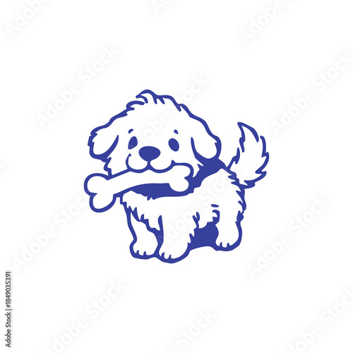A blue cartoon dog happily holding a bone in its mouth