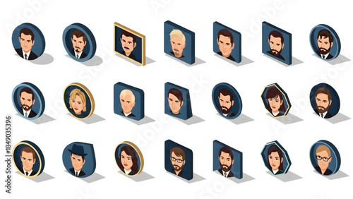 Set of Isometric Avatars of Diverse People in Circular Frames, Featuring Men and Women in Business Attire and Casual Wear