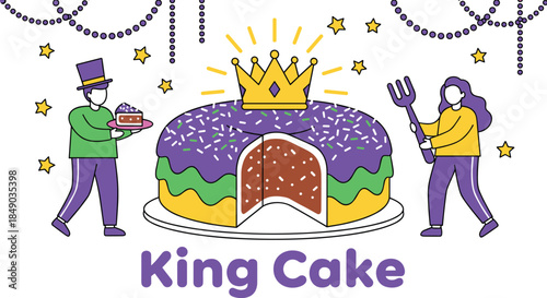 Mardi Gras celebration illustration featuring a large purple and green king cake with a gold crown, party beads, and cartoon characters.