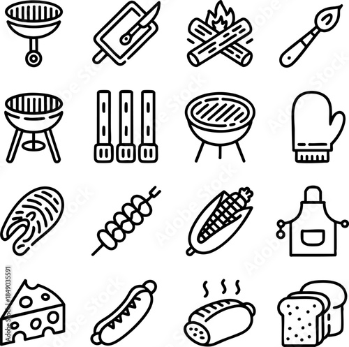 Grilling & Barbecue Icons Collection – Outdoor Cooking, Food, Tools, Meat, Sausage, Bread, Culinary Fun