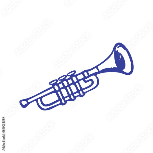 A blue-outlined trumpet, angled, on a white background