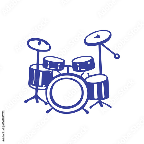 Simple blue line drawing of a drum set on a white background