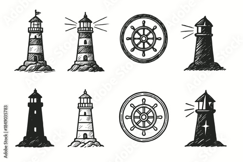 Nautical, lighthouse sketch icon set. Marine, lighthouse collection in outline style