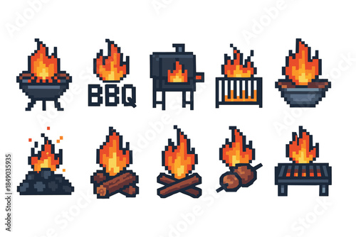 Bbq and campfire pixel icon set. Grill, fire pit, and flame pixel art collection