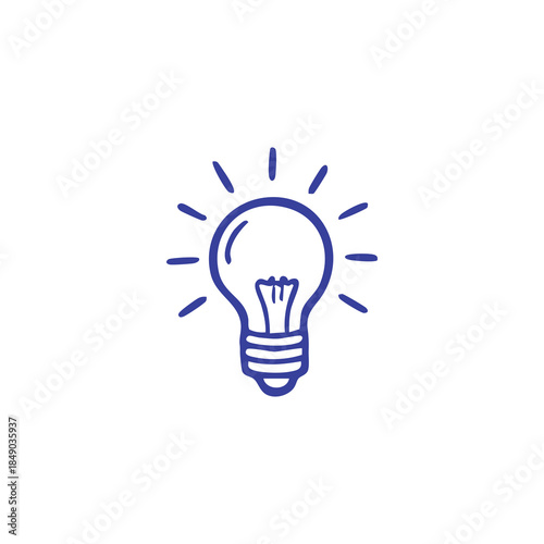 Blue outline of a lightbulb with radiating lines, on a white background