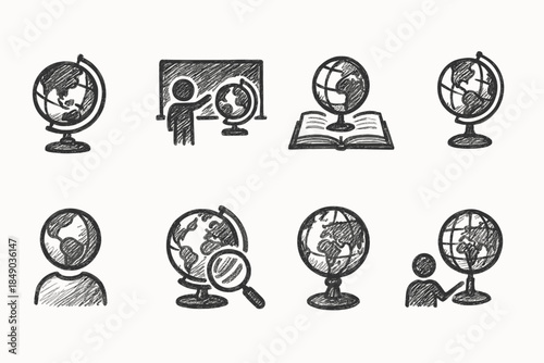 Geography, education outline icon set. Learning, globe icons in sketch style