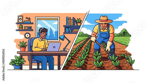 High-quality black outline colorful art of a remote worker in a home office versus a farmer planting crops outdoors, digital and agricultural professions, minimalistic illustration