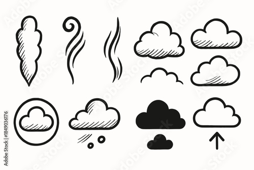 Weather doodle icon set. Cloudy, wind sketch icons in outline style collection