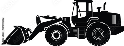 Black silhouette of a front end loader construction vehicle on a white background Keywords: construction, vehicle, loader, front