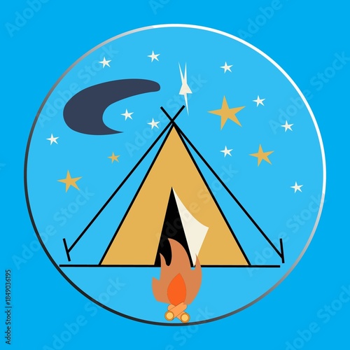 Night Camping Adventure Illustration with Tent, Campfire, and Starry Sky in Circular Badge Style