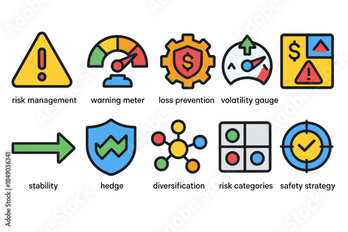 Risk management flat icon set. Safety, diversification, and volatility symbols collection