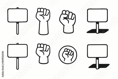 Protest and demonstration outline icon set. Activism, community, rally outline icons.