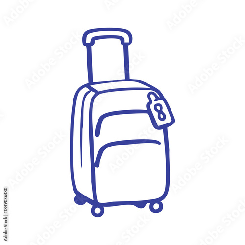 Simple blue outline drawing of a wheeled suitcase with a handle and tag