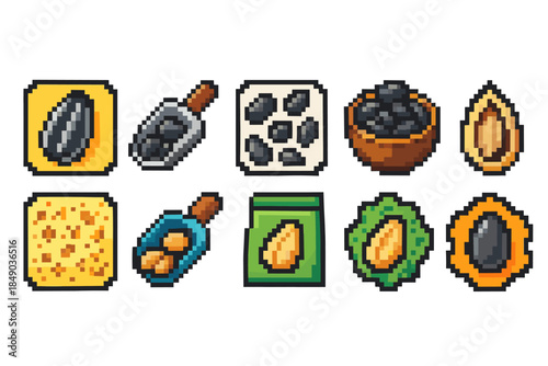 Seeds and grains pixel icon set. Cereals, nuts pixelated icons collection in flat style