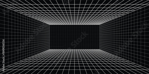 Empty futuristic digital box room grey-black background with white grid space line color surface. Network cyber technology. banner, cover, terrain, sci-fi, wireframe, and related to background.