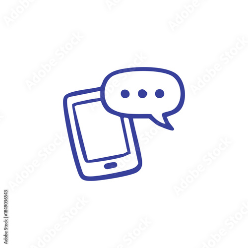 Blue hand-drawn graphic of a phone next to a speech bubble with three dots