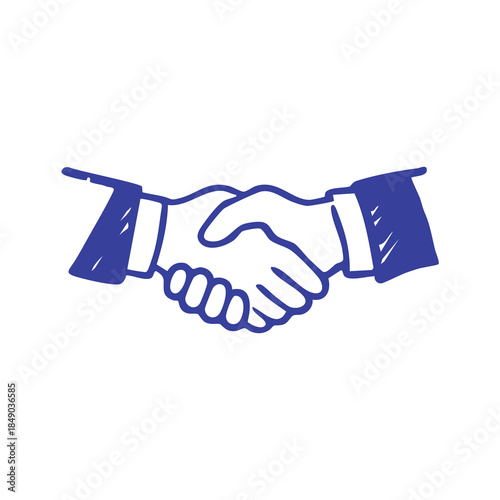 A blue, hand-drawn image of two hands shaking, depicting a business agreement