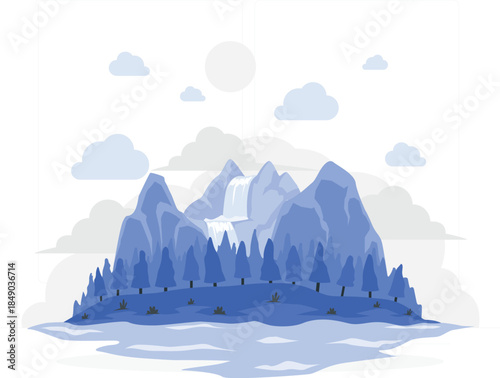Blue mountain range with trees and waterfall on island des