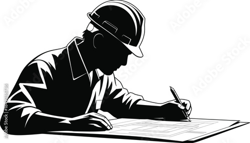 Construction Engineer Silhouette Drawing Plans on White Background Keywords: construction, engineer, silhouette, man, people
