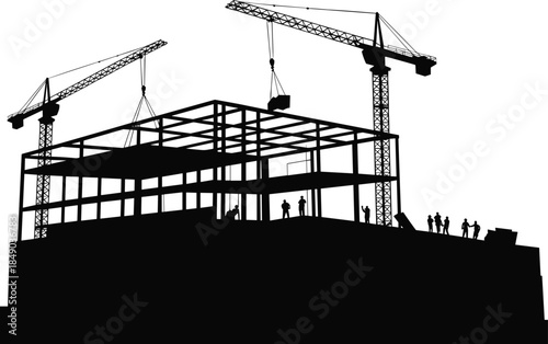 Construction Site Silhouette with Cranes and Building Frame Keywords: construction site, silhouette, building, frame, structure