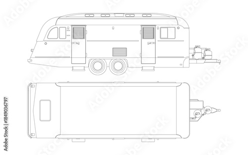 Isolated outline mobile house. Top and side views of the trailer. Family van blueprint. Modern campervan drawing. Vintage portable wagon for holidays
