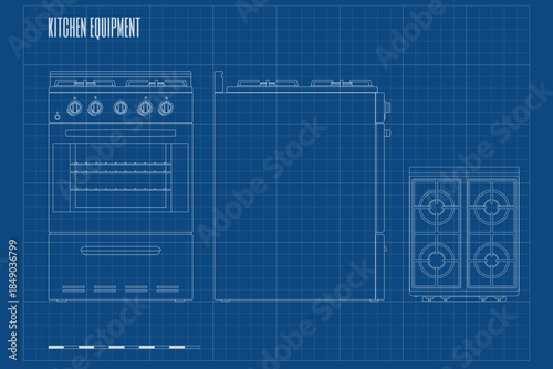 Outline kitchen stove manual. Front, side and top views. Contour electric oven blueprint. Domestic gas equipment. Cooking appliance drawing