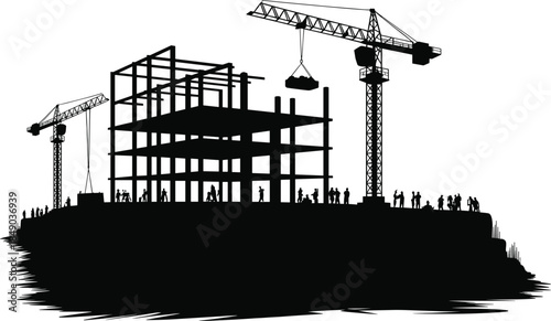 Construction site with building framework, cranes, and workers silhouettes Keywords: construction, site, building, framework