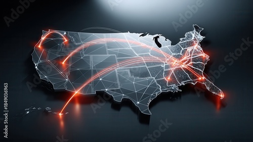 United states map showing a connected digital network, data flow, communication infrastructure logistics, business
