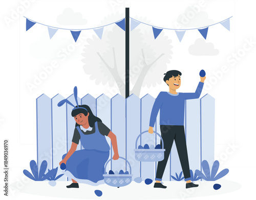 Blue of man and woman picking up Easter eggs fence