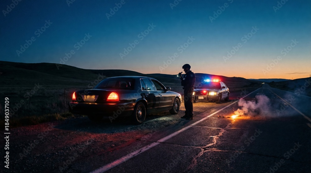 Naklejka premium Police officer conducts roadside stop rural highway night scene law enforcement safety surveillance