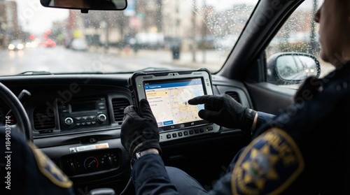 Police officer in uniform using tablet for navigation in patrol car urban city environment action shot