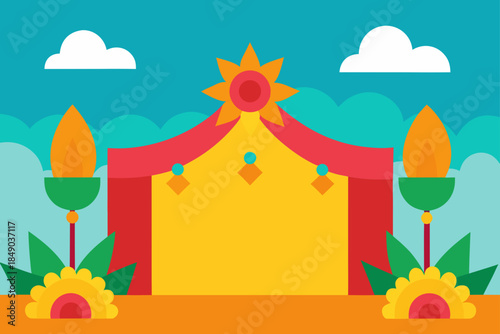 Vibrant cultural celebration stage with torches and flowers