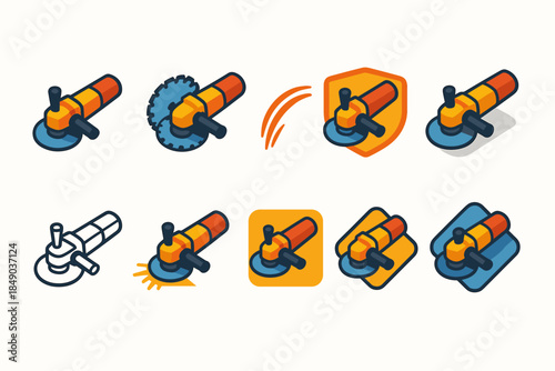 Angle grinder tools icon set. Industrial, construction equipment 3d icons collection